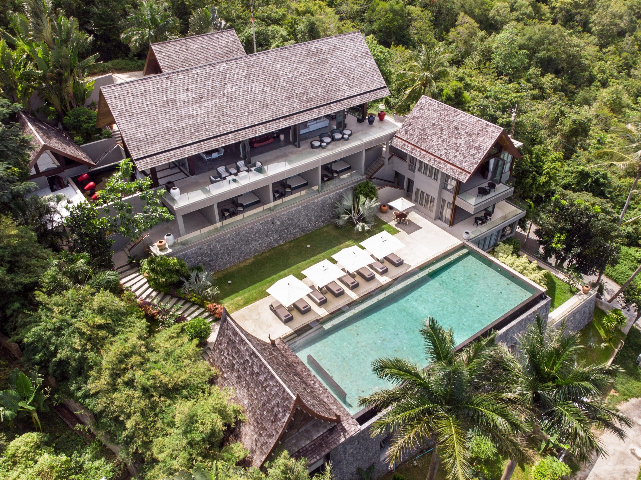 Aerial view of Villa Suralai and its hillside setting on Koh Samui