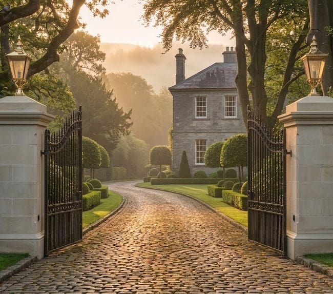 Gated country residence with a landscaped driveway