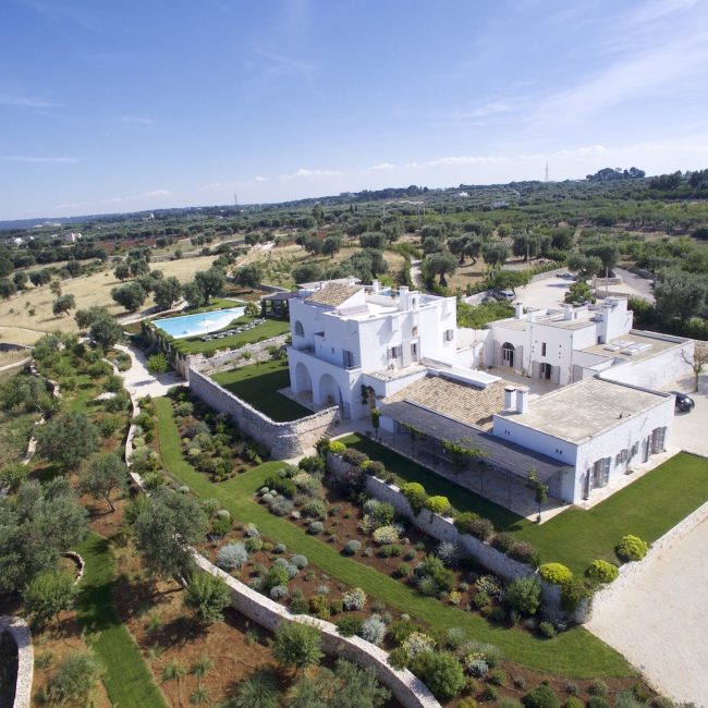 Masseria Petrarolo farmhouse, gardens and pool viewed from above