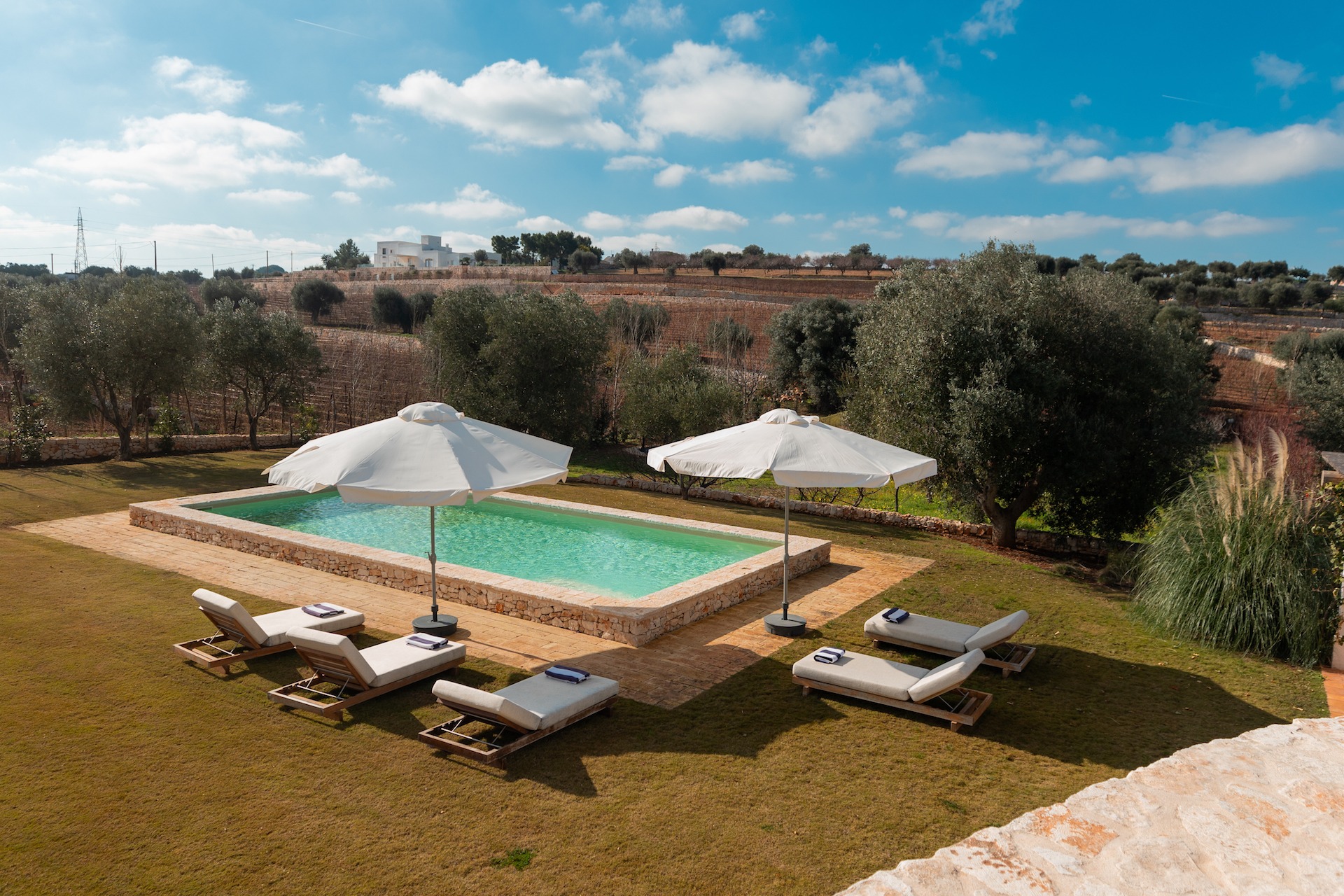 Trullo Petrarolo private pool and loungers overlooking olive countryside