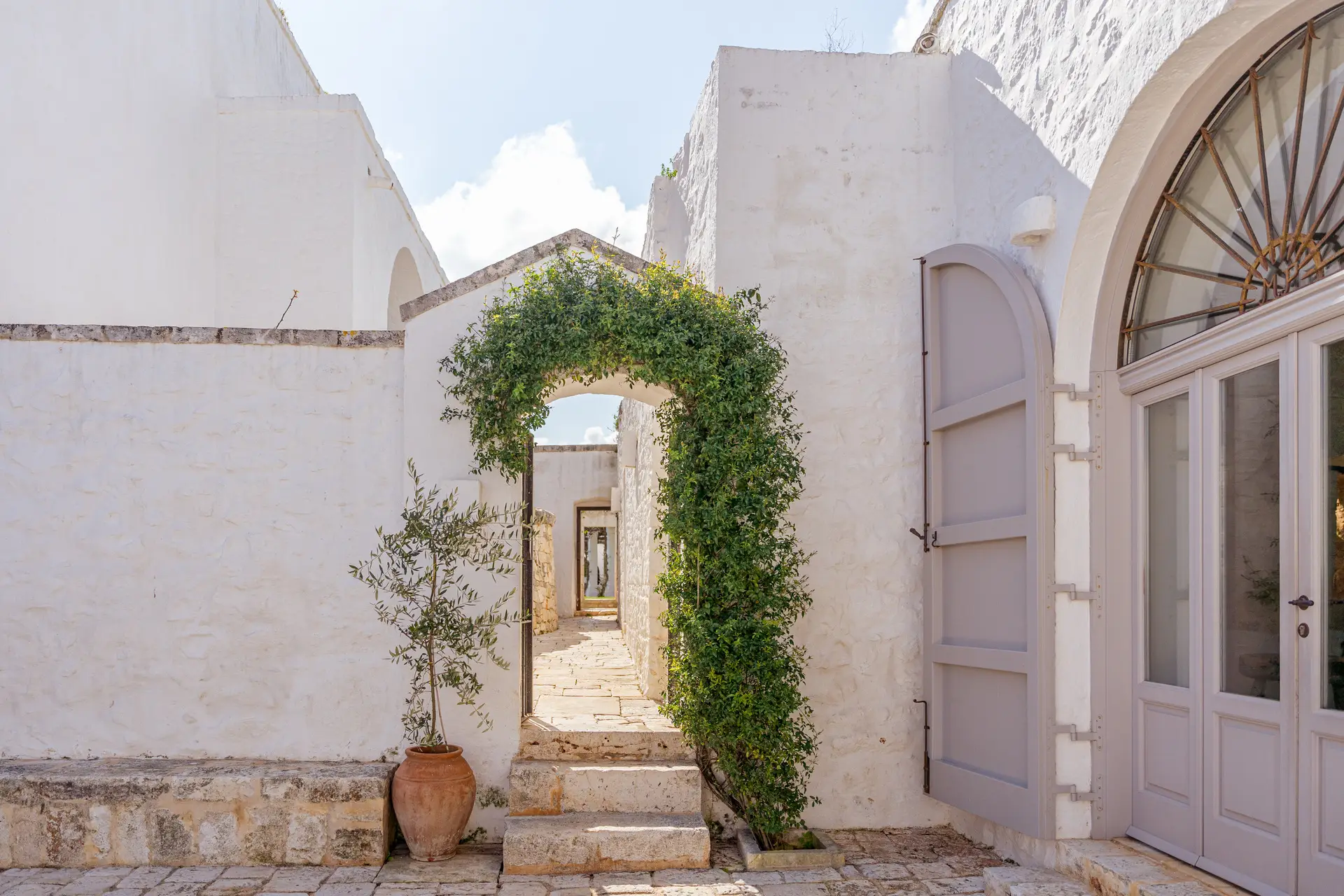 Climbing greenery frames a stone archway between the white courtyard walls at Masseria Petrarolo